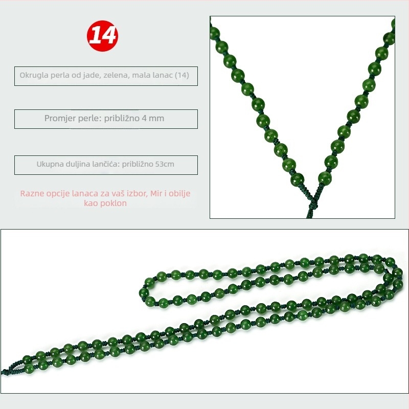 Ogrlica od nefritnih perlica — ručno tkan lanac, 800 srebrna čistoća, mogućnost prilagodbe