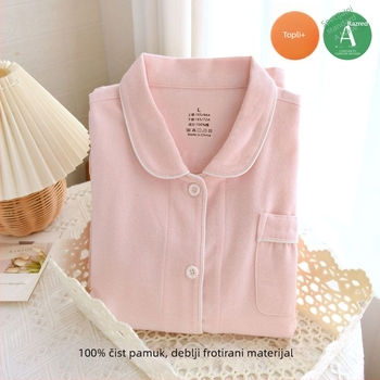 Ženski set pidžama od čiste pamuka s brušenom teksturom, debela zimska toplina, s ovratnikom tipa lapel, dugim rukavima i hlačama, jednostavan kućni stil