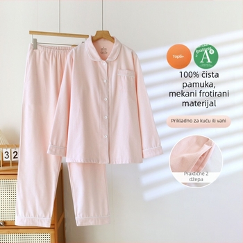 Ženski set pidžama od čiste pamuka s brušenom teksturom, debela zimska toplina, s ovratnikom tipa lapel, dugim rukavima i hlačama, jednostavan kućni stil