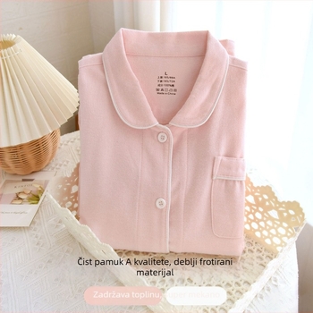 Ženski set pidžama od čiste pamuka s brušenom teksturom, debela zimska toplina, s ovratnikom tipa lapel, dugim rukavima i hlačama, jednostavan kućni stil