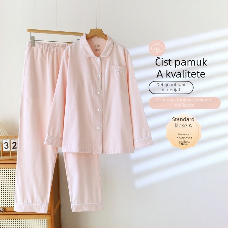 Ženski set pidžama od čiste pamuka s brušenom teksturom, debela zimska toplina, s ovratnikom tipa lapel, dugim rukavima i hlačama, jednostavan kućni stil
