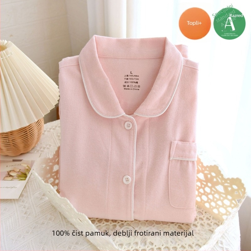 Ženski set pidžama od čiste pamuka s brušenom teksturom, debela zimska toplina, s ovratnikom tipa lapel, dugim rukavima i hlačama, jednostavan kućni stil