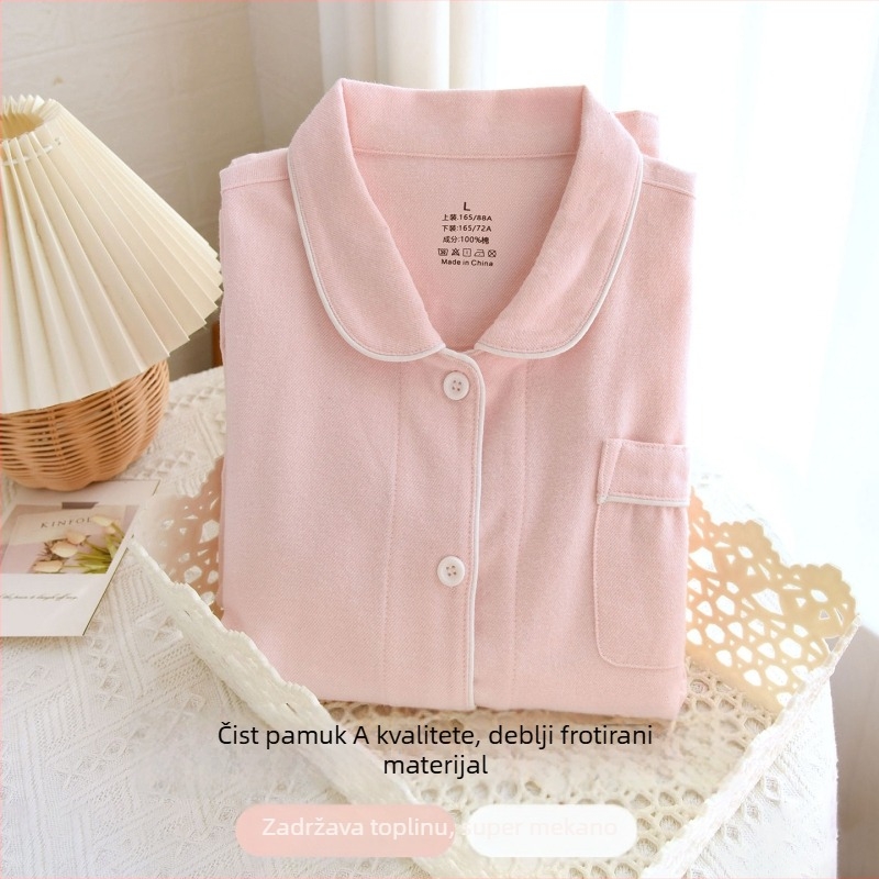 Ženski set pidžama od čiste pamuka s brušenom teksturom, debela zimska toplina, s ovratnikom tipa lapel, dugim rukavima i hlačama, jednostavan kućni stil