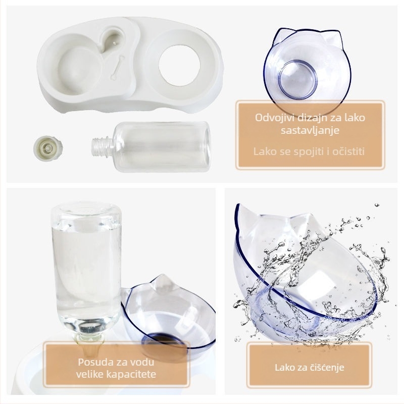 Dvostruka zdjela za vodu i hranu za mačke, dizajn protiv prosipanja i zaštita vrata – integrirani automatski set za hranjenje (KUCHI)