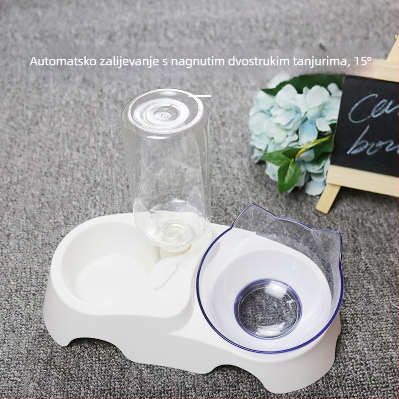 Dvostruka zdjela za vodu i hranu za mačke, dizajn protiv prosipanja i zaštita vrata – integrirani automatski set za hranjenje (KUCHI)