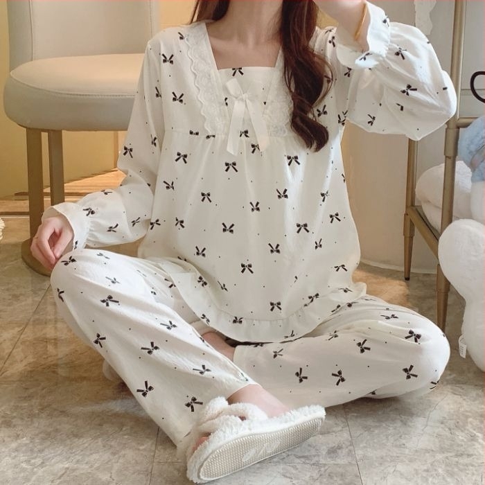Ženski set pidžama — dulji rukavi, otisnute pidžame, Cloud Cotton, srednje debljine, kvadratni ovratnik