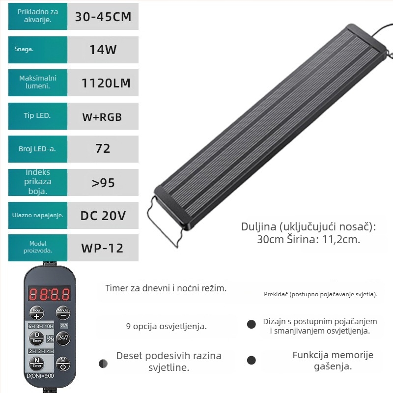 Akvarijska LED lampa WRGB punog spektra, aluminijska legura, vodootporna, s tajmerom