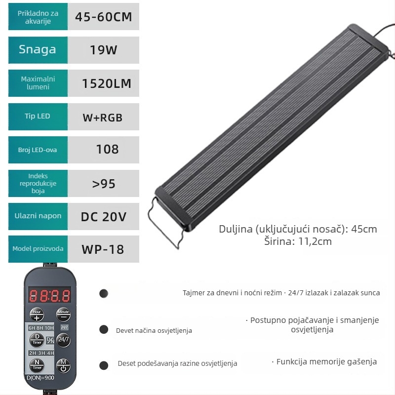 Akvarijska LED lampa WRGB punog spektra, aluminijska legura, vodootporna, s tajmerom