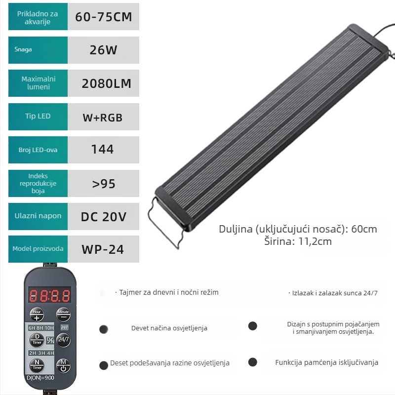 Akvarijska LED lampa WRGB punog spektra, aluminijska legura, vodootporna, s tajmerom