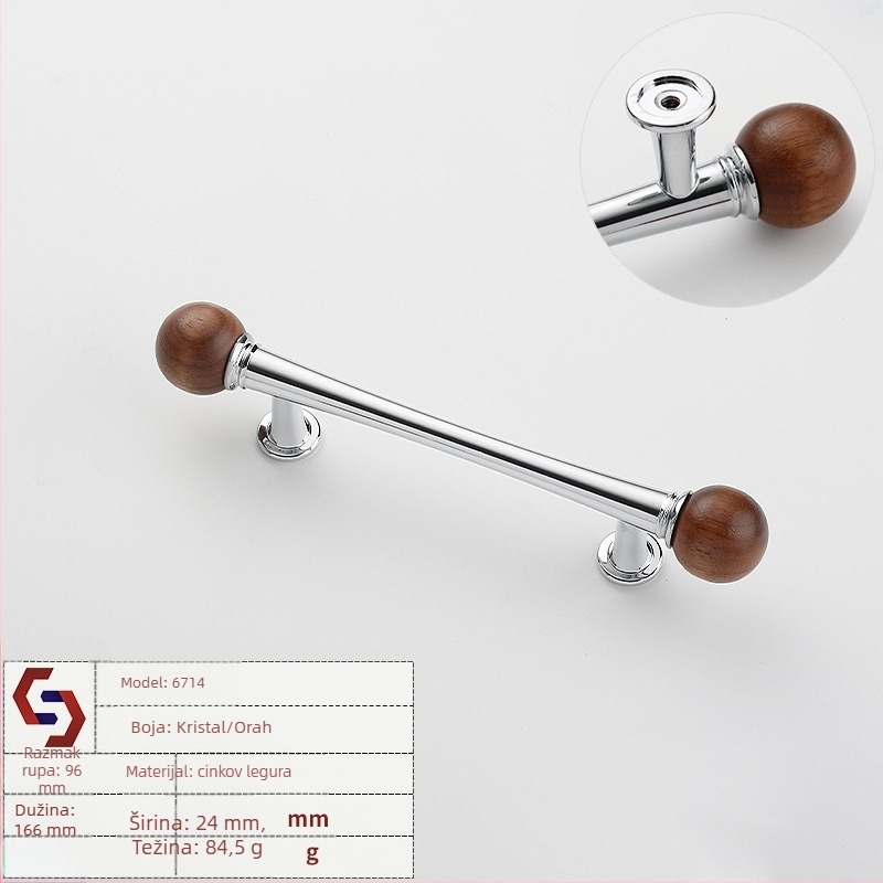 Drška za namještaj za ormariće i ladice; od cinkovog legura + orahovo drvo; model Leadshi 6714; stil Novi kineski; završni sloj elektroplatiranje; pogodna za vrata ormarića i ladice