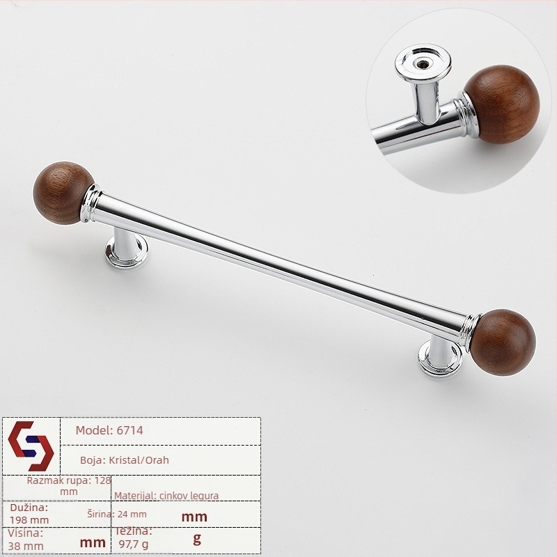 Drška za namještaj za ormariće i ladice; od cinkovog legura + orahovo drvo; model Leadshi 6714; stil Novi kineski; završni sloj elektroplatiranje; pogodna za vrata ormarića i ladice