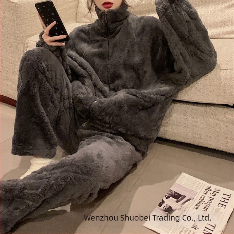 Ženski pamuk pijama set s flekso unutrašnjosti, koralni baršun, zimski dvodijelni set