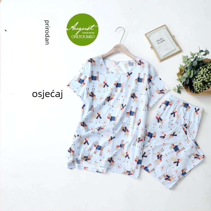 Ženski ljetni set pidžama – kratki rukavi, okrugli izrez, pletena pamuk, lagan i prozračan, cropped hlače za kućnu upotrebu