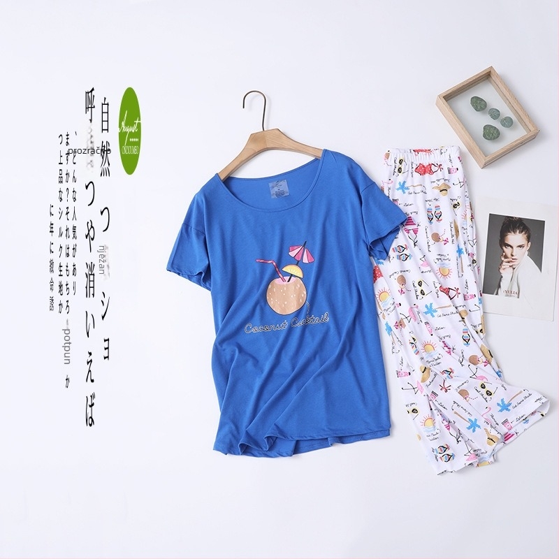 Ženski ljetni set pidžama – kratki rukavi, okrugli izrez, pletena pamuk, lagan i prozračan, cropped hlače za kućnu upotrebu