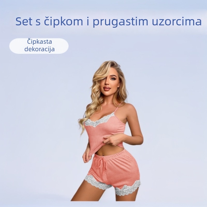 Ženski set pidžame: bez rukava top s čipkom i šorc, od ribane tkanine