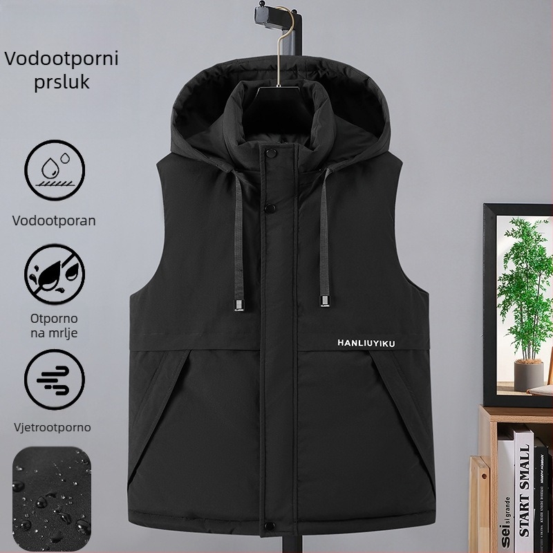 Poliesterska vesta s uklonjivom kapuljom, zimski kardigan stil s prednjim zipom, uska kroj