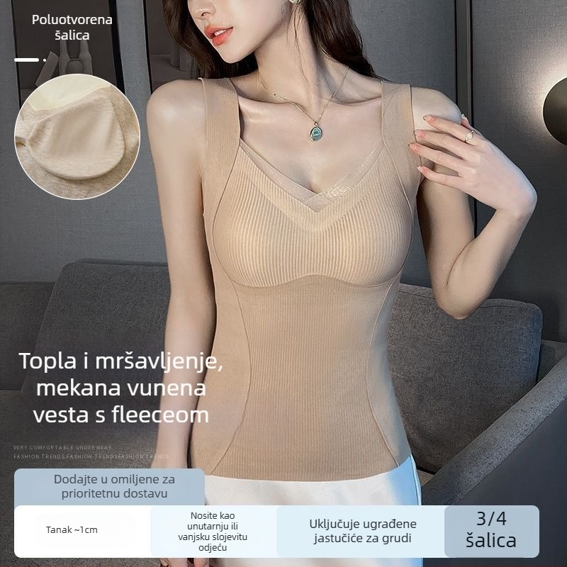 Ženski topli vest s V izrezom, unutarnji flek, ugrađena potpora za prsni koš, dvostruki sloj, mješavina poliestera/lyocell/svilena