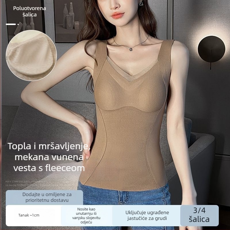 Ženski topli vest s V izrezom, unutarnji flek, ugrađena potpora za prsni koš, dvostruki sloj, mješavina poliestera/lyocell/svilena