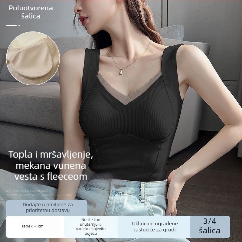 Ženski topli vest s V izrezom, unutarnji flek, ugrađena potpora za prsni koš, dvostruki sloj, mješavina poliestera/lyocell/svilena