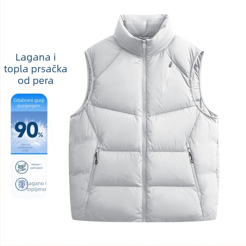 Muška vesta s visokim ovratnikom od perja, japanskog stila radne odjeće, debela i topla (sadržaj perja 91–95%; punjenje perja 100–150 g; tkanina 100% poliester; podstava: bijeli patka perje; stil: japanski stil radne odjeće)