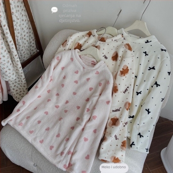 Ženski set pidžama od coral fleecea, okrugli ovratnik, dugi rukavi, debeli, 251–300 g/m², poliester