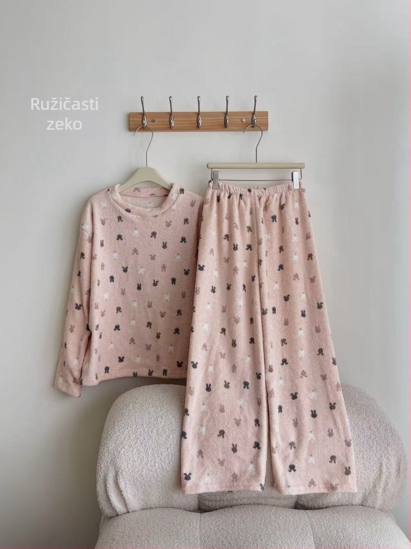 Ženski set pidžama od coral fleecea, okrugli ovratnik, dugi rukavi, debeli, 251–300 g/m², poliester