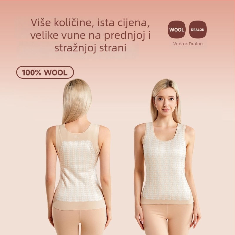 Ženska termalna vesta od vune s flis podstavom, trostruka, bezšovna, okrugli ovratnik, preko glave, 70% poliestera + 30% vuna, ekstra debela 351–400 g/m2