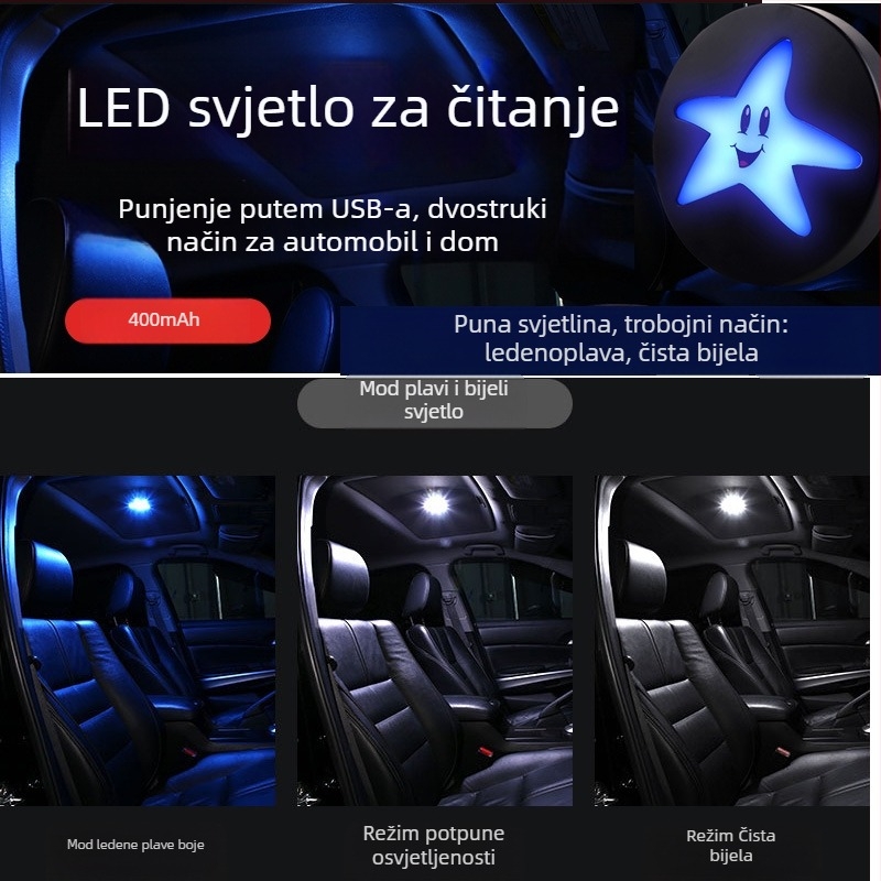 Unutarnja LED lampica za čitanje u automobilu, USB punjiva, tri boje, četiri načina, 10W, 5V