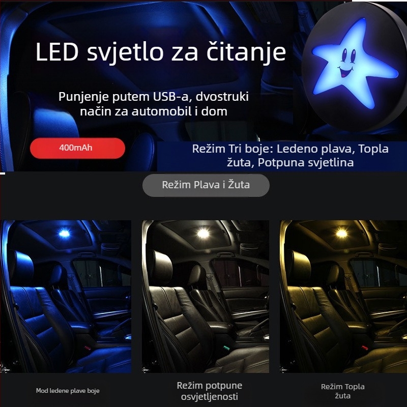 Unutarnja LED lampica za čitanje u automobilu, USB punjiva, tri boje, četiri načina, 10W, 5V