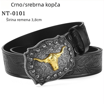 PU kožni pojas s velikom kopčom u obliku glave bivola – kopča od legure, glatko kopčanje, širina 2–4 cm, antikno elektroplatirano i reljefno završavanje