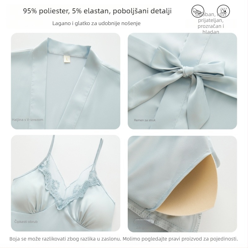 Noćna haljina od ledene svile za žene — s naramenicama i jastučićem za grudi, 90–95% poliester, proljeće 2025