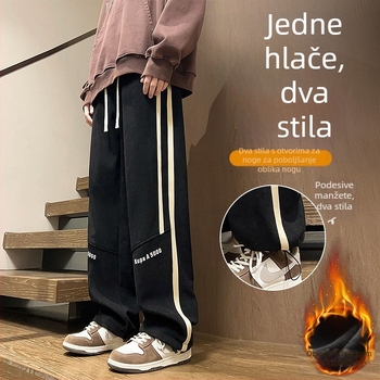 Tinejdžerske muške casual hlače s flis podstavom, ravnih nogavica, srednja visina struka, zatvaranje šnurkama, 100% poliester, za proljeće i jesen