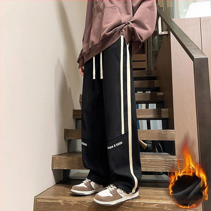 Tinejdžerske muške casual hlače s flis podstavom, ravnih nogavica, srednja visina struka, zatvaranje šnurkama, 100% poliester, za proljeće i jesen