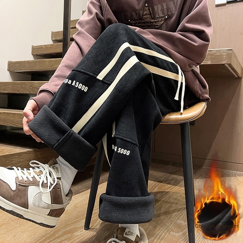 Tinejdžerske muške casual hlače s flis podstavom, ravnih nogavica, srednja visina struka, zatvaranje šnurkama, 100% poliester, za proljeće i jesen