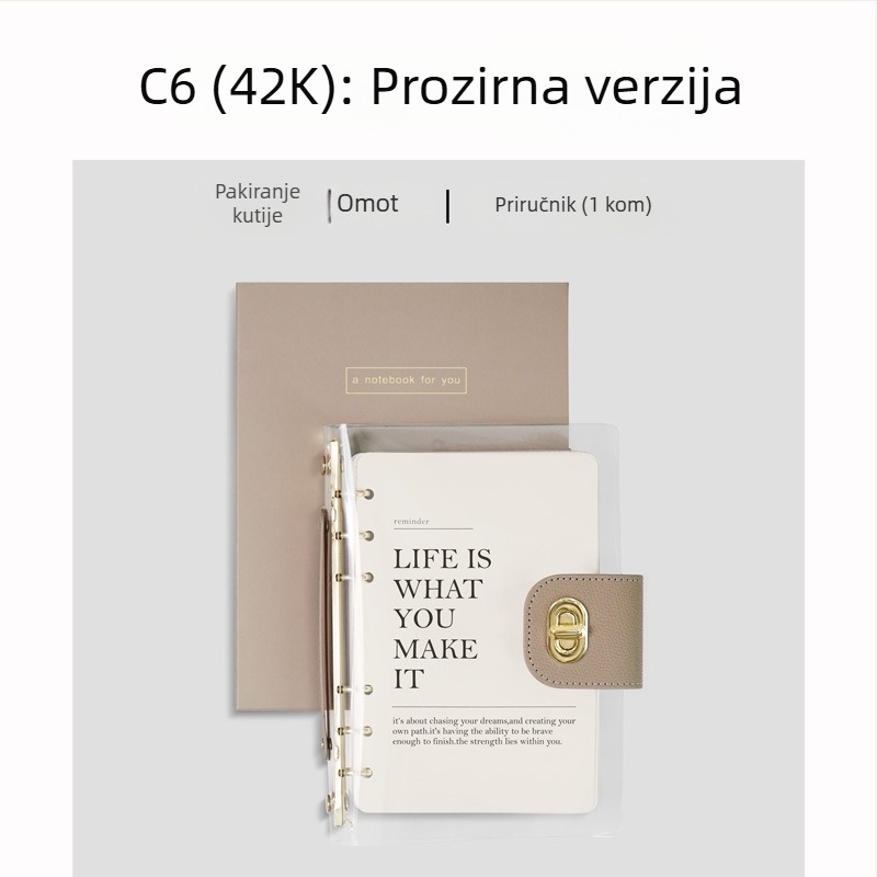 Bilježnica s binderom, omot od imitacije kože, papir od sirovog drvnog pulpa, 40 g/m2, minimalistički stil