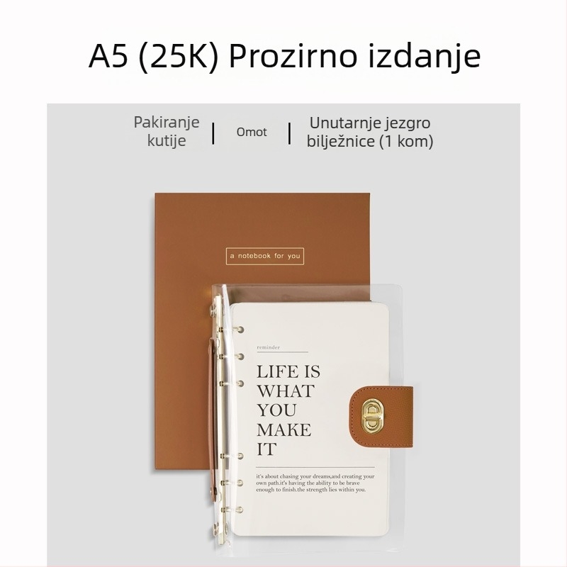 Bilježnica s binderom, omot od imitacije kože, papir od sirovog drvnog pulpa, 40 g/m2, minimalistički stil