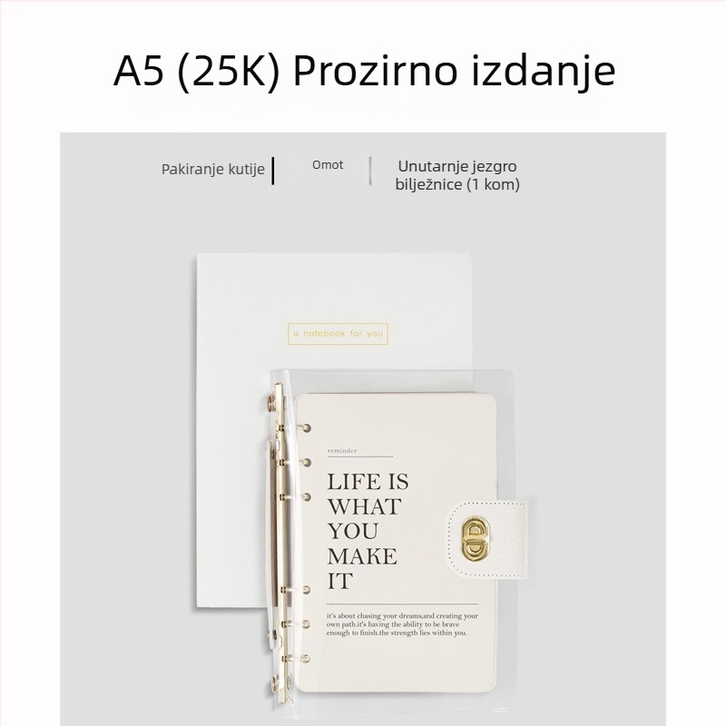 Bilježnica s binderom, omot od imitacije kože, papir od sirovog drvnog pulpa, 40 g/m2, minimalistički stil