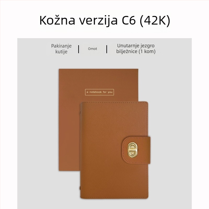 Bilježnica s binderom, omot od imitacije kože, papir od sirovog drvnog pulpa, 40 g/m2, minimalistički stil