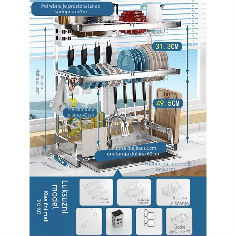 Nehrđajući čelični kuhinjski stalak za pohranu, višerazinski stalak za sudoperu i sušenje posuđa, držač noževa, višefunkcionalno skladištenje