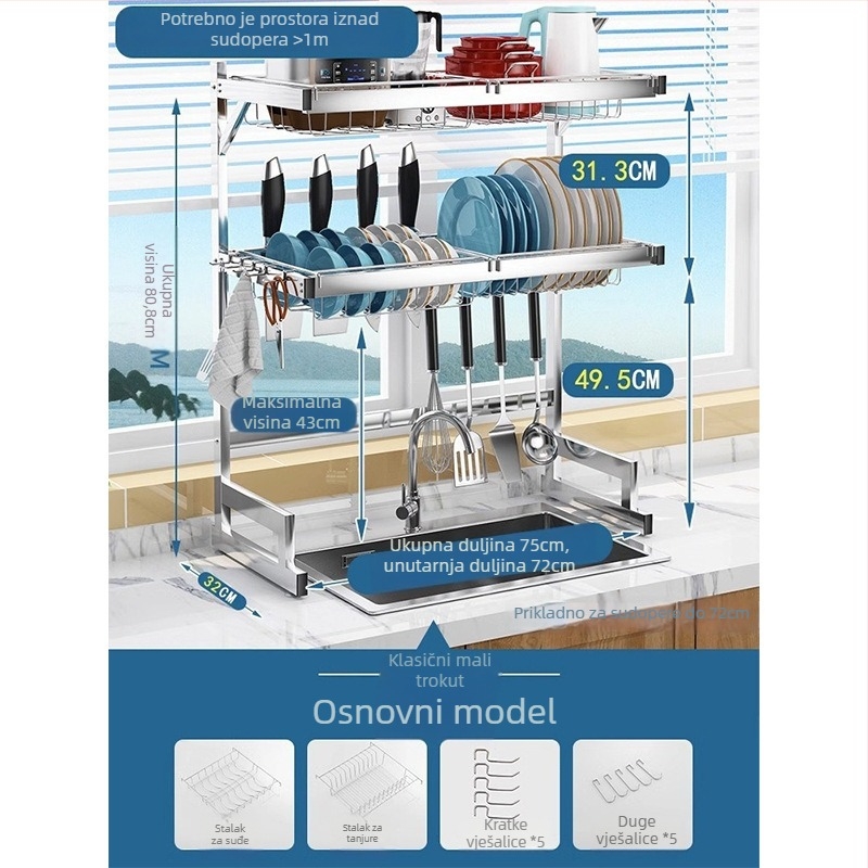 Nehrđajući čelični kuhinjski stalak za pohranu, višerazinski stalak za sudoperu i sušenje posuđa, držač noževa, višefunkcionalno skladištenje