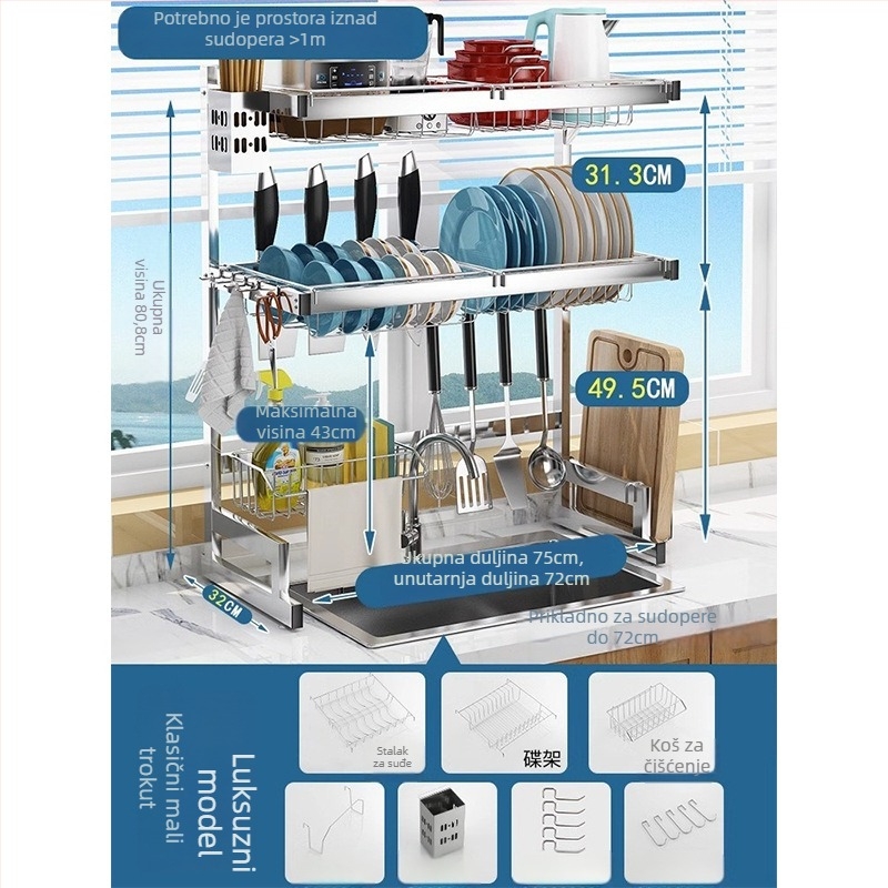 Nehrđajući čelični kuhinjski stalak za pohranu, višerazinski stalak za sudoperu i sušenje posuđa, držač noževa, višefunkcionalno skladištenje
