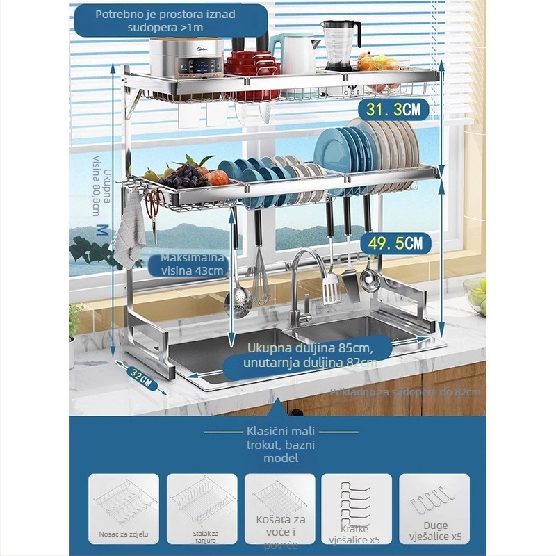 Nehrđajući čelični kuhinjski stalak za pohranu, višerazinski stalak za sudoperu i sušenje posuđa, držač noževa, višefunkcionalno skladištenje