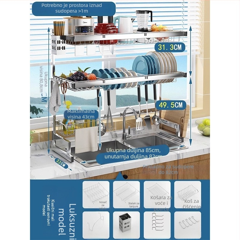 Nehrđajući čelični kuhinjski stalak za pohranu, višerazinski stalak za sudoperu i sušenje posuđa, držač noževa, višefunkcionalno skladištenje
