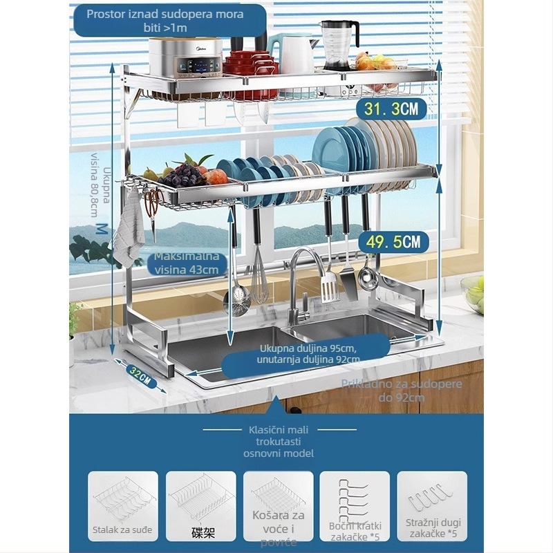 Nehrđajući čelični kuhinjski stalak za pohranu, višerazinski stalak za sudoperu i sušenje posuđa, držač noževa, višefunkcionalno skladištenje
