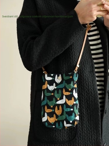 Torba za telefon preko ramena s 3D vezom, platno, vertikalni kvadratni oblik, magnetsko zatvaranje, otvoreni džep, dvostruke naramenice