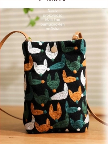 Torba za telefon preko ramena s 3D vezom, platno, vertikalni kvadratni oblik, magnetsko zatvaranje, otvoreni džep, dvostruke naramenice