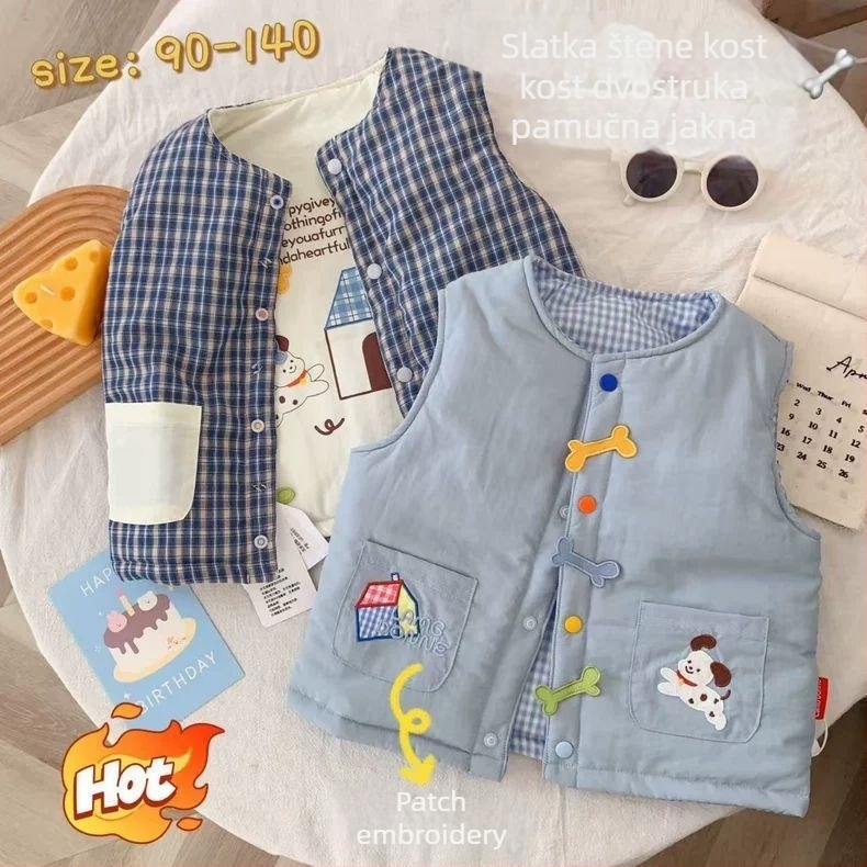 Dječji dvostrano podstavljeni vest za zimu s izvezenom karikaturom, unisex, za djecu 3-8 godina