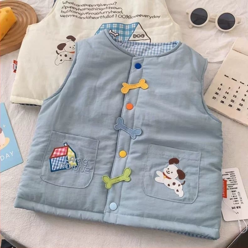 Dječji dvostrano podstavljeni vest za zimu s izvezenom karikaturom, unisex, za djecu 3-8 godina