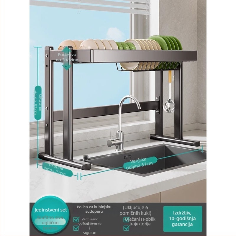 Stalak za posuđe iznad sudopera, karbonska čelična konstrukcija, višenamjenski kuhinjski organizator