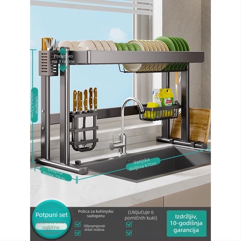 Stalak za posuđe iznad sudopera, karbonska čelična konstrukcija, višenamjenski kuhinjski organizator